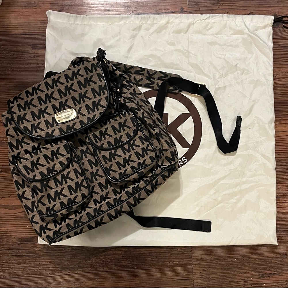 Michael Kors Tan and Black Logo Backpack